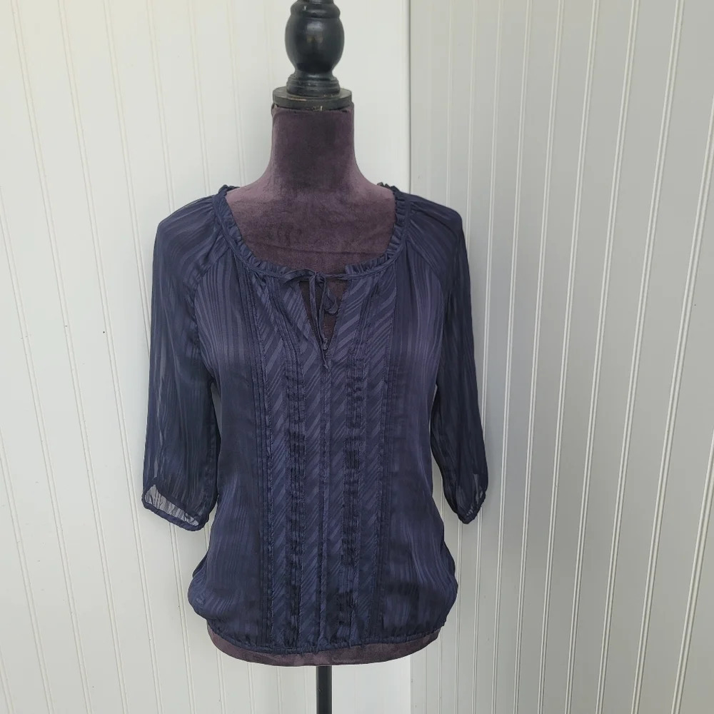Express Women's Navy Blue Semi Sheer Blouse 3/4 Sleeve Striped Tie Neck sz s